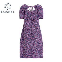 Purple Floral Print Elegant Women's Summer Dress Backless Lace-up Short Sleeve Vintage Sexy Slim Rok Party Beach Vestidos 210417