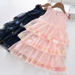 Lace Sequined Cake Dress Girls Vest Mesh Princess Summer Solid Color Stitching Children's 210515