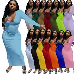 Designers Women Dresses U-neck Rib Knitted Bodycon Hip Dress Slim Sexy Long Sleeve Solid Maxi Dress Beach Party Clubwear