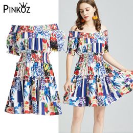 mini dress summer fashion white and blue tropical retro printed slash neck puff sleeve lady plus size dresses za 210421