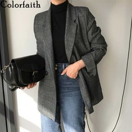 Colorfaith Winter Spring Women's Blazers Plaid Double Breasted Pockets Formal Jackets Chequered Outerwear Tops JK7113 211019