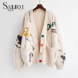 Women Cardigan Warm Knitted Sweater Jacket Pocket Embroidery Fashion Knit Cardigans Coat Lady Loose Sweaters Autumn Winter 211011