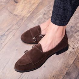 Fashion Designer British Suede Monk Strap Leather Shoes Flat For Men Dress Formal Wedding Prom Oxford Zapatos Hombre