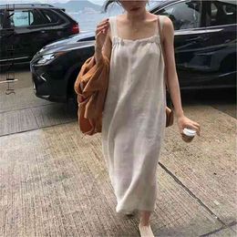 Minimalist Solid Color Dress Women's Summer Square Collar Loose Back Split Suspender Mid-calf 5E207 210427