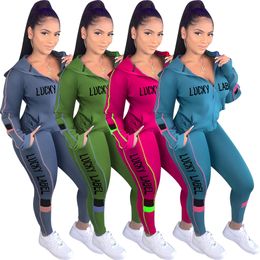 Casual Tracksuits Lucky Label 2-piece Set Solid Colour Patchwork Letter Sports Hooded Sweatshirt Pants for Women