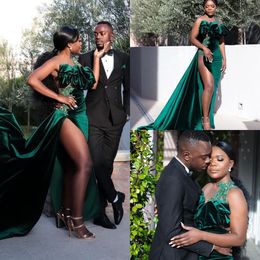 Dark Green Velvet Mermaid Prom Dresses robes de soirée High Side Split Ruffles Evening Gowns Sweep Train Party Dress