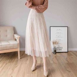 Elastic High Waist Lace Skirts Womens Spring Autumn Korean Elegant Casual A-line Black Long Skirt Female Apricot 210507