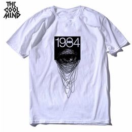COOLMIND 100% cotton streetwear cool 1984 eys print men T shirt casual loose head t-shirt o-neck tshirt tee shirts 210629