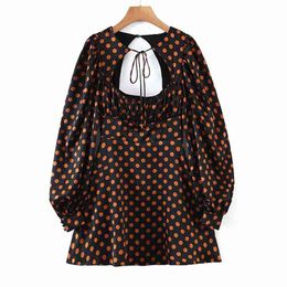 Women Sexy Backless Vintage Polka Dot Dress Sleeve Square Neck A-line Mini Female Autumn Casual Chiffon es 210514