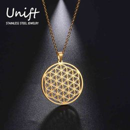 Unift Vintage Flower Of Life Necklace Women Pendent Aesthetic Stainless Steel Jewellery Gold Colour Hollow Men Necklace Wicca 2021 G1206