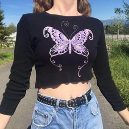 Women's Blouses & Shirts 40# Womens Y2K Butterfly Print Tops Streetwear Round Neck Long Sleeve Blouse Crop Top Slim Vintage Casual