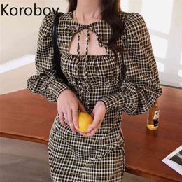 Korobov New Summer Plaid Women Dress Korean Elegant Chic Female Dresses Vintage Lacing Bow O Neck Vestidos 210430