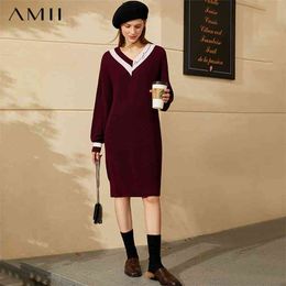 Minimalism Winter Women's Dress Fashion OLstyle Vneck Patchwork Knee-length Sweater Simple Female 12041035 210527
