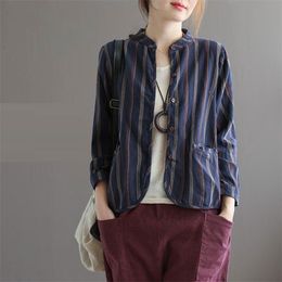 Spring Arts Style Women Long Sleeve Loose Short Coat Vintage Striped Cotton Linen Coats Single Breasted Femme Jackets M315 210512