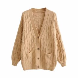 Stylish Sweet Women Pockets Cardigans Chic Female Knitwear Casual Ladies V-Neck Single Breasted Sweater Coat 210520