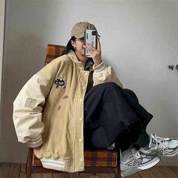 Bear corduroy jacket men women spring autumn Korean loose BF Japan Kawaii bear baseball uniform punk streetwear 210914