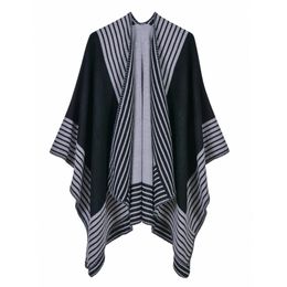 Border Stripe Monochrome Autumn And Winter Thick Warm Imitation Cashmere Triangle Needle Fashion Shawl Cape 210427