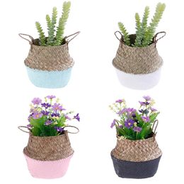 12x16x15cm Handmade Storage Baskets Foldable Laundry Straw Patchwork Wicker Belly Garden Flower Pot Planter Bamboo Basket Planters & Pots