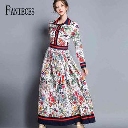 Sexy Long Sleeve Robe Autumn Women Runway Summer Dress Turn-Down Collar Vintage Print Maxi A-Line Dresses vestidos de verano 210520