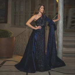 2020 navy blue appliques Beaded Evening Dresses One Shoulder Ruffles Long Sleeve Prom Dress Formal Party Occasion Gowns