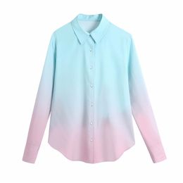 Elegant Women Gradual Change Shirts Fashion Ladies Turn Down Collar Tops Streetwear Female Chic Tie-Dye Blouses 210527