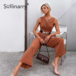 Sollinarry Brown sleeveless wide leg pants jumpsuits Chic O neck tie long pants summer playsuit Elegant chiffon women jumpsuit 210709