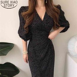Sexy V-neck Korean Chic Dress Black Polka Dot Women Spring Long Puff Sleeve High Waist Midi es 13297 210506