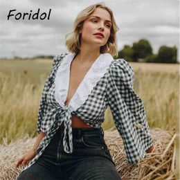 Foridol White Lace Spliced Plaid Blouse Shirts Women Deep V Neck Lace Up Vintage Crop Tops Casual Cotton Chequered Spring Top 210415