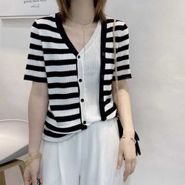 Women Knitted Cardigan Sweaters Black and White Striped for Short Sleeve Two Fake Top Female Clothing 210604