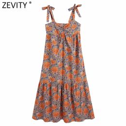 Women Vintage Floral Print Back Elastic Bow Strap Midi Dress Female Side Zipper Pleat Ruffles Casual Boho Sling Vestido DS8245 210420