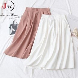 Women Summer White Cotton Skirt Saia Casual Solid High Waist A-Line Elegant Chic Office Ladies Midi Skirts Faldas Jupe 210619