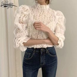Spring Mesh Lace Blouse Women Korean Chic Puff Sleeve Sexy Micro-through Shirt Fashion Stand Collar Floral Ladies Tops 13457 210427
