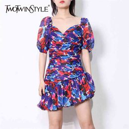 Vintage Print Dress For Women Square Collar Puff Short Sleeve Tunic Mini Dresses Female Summer Fashion Stylish 210520