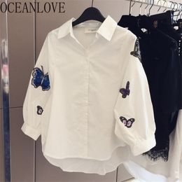 Butterfly Embroidery Women Blouse Turn-down Collar Casual Blusas Mujer Spring All Match Shirts Tops 15140 210415