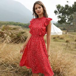 Summer Chiffon Dress Women Floral Print Ruffle A-line Sundress Dress Casual Fit Women Clothes Holiday Red Vintage Dresses 210521