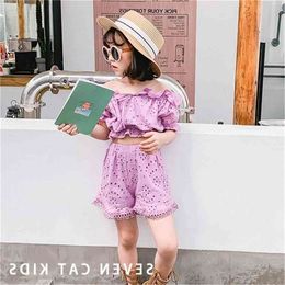 Summer Arrival Girls Fashion Cotton Hollow Out Sets Top+short Kids Clothes 210528