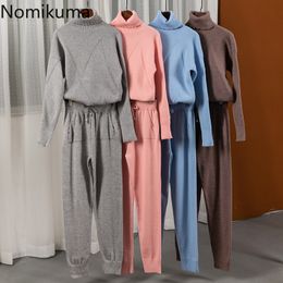 Nomikuma Knitted Causal Women Sweat Sets Turtleneck Long Sleeve Pullover Sweater + Lace Up Waist Harem Long Pants New 6C361 210427