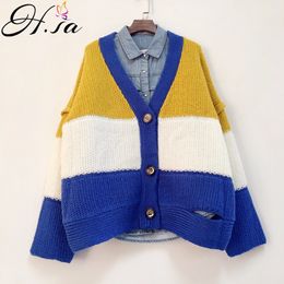 HSA Women Patchwork Autumn Oversize Knitted Sweater Jumpers and Cardigans Vneck Candy Color cardigan Femme 210417