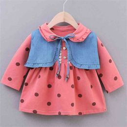 Girls Suit Children'S Clothing Autumn Winter Polka Dot Princess Knit Denim Dress+ Vest 2pcs Sets Cute Baby Kids Girl Clothes 210625