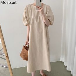 Summer Korean Solid Women Long Dress Puff Sleeve O-neck Loose Waist Fashion Midi Dresses Vestidos Femme 210513