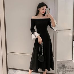 Design Autumn Dress Women Elegant Black Office Chic Lady Fashion Slash neck Long Flare Sleeve Slim A line Midi dresses 210514