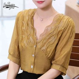 Vintage V-neck Chiffon Blouse Women Fashion Short Sleeve Top Korean Solid Summmer Office Lady Cardigan Shirt 9663 210521