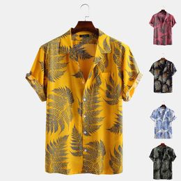 Fashion Hawaiian Mens 100% Cotton Leaf Printed Chest Pocket Turn Down Collar Short Sleeve Shirts Drop 210527