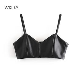 Wixra Women's Crop Top PU Faux Leather Camisole Female Tank Tops Ladies Sleeveless Solid Strap High Street Top 210407