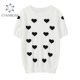 Summer Harajuku Heart Knitted White T-shirt Women's O-neck Pullover Tee Ladies Chic Japan Preppy Style Jumper Tops 210515