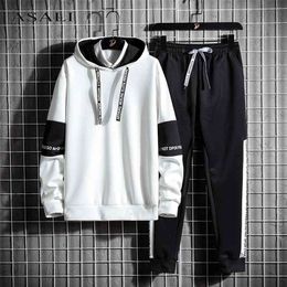 Hoodies + Sweatpants 2 Pieces Tracksuits Sets Men Autumn Winter Casual Track Suit Sportswear Male Patchwork Hooded Letter Suits 210917