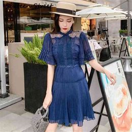 Woman dress summer chiffon navy blue short flare sleeve casual street wear mini self female lace patchwork vestido 210603