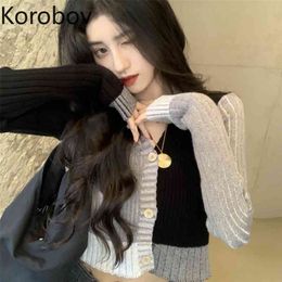 Korobov New Japanese Short Sweater Tops Women Contrast Colour Knitted Long Sleeve Cropped Cardigan Female Single Breasted Vintage 210430