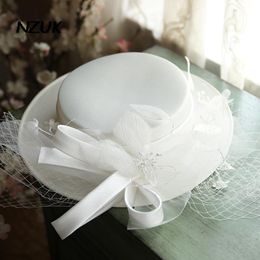 Headpieces NZUK French Bowknot Mesh Satin Top Wedding Hat Women Banquet British Celebrity Dress Fascinator Bride White Fedora