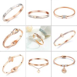 Korean Stainless Steel Rose Gold Plated Couple Bracelet Black Fashion Romantic Valentine's Day Birthday Gift Set Zircon Jewelry Q0717